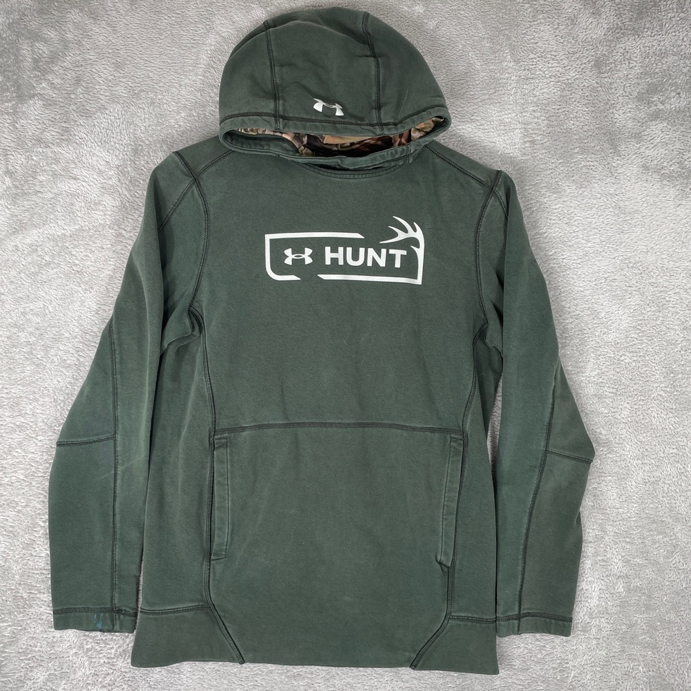 Under Armour Hunt Hoodie Mens Small Green Camo Lined Graphic Pullover Sweatshirt